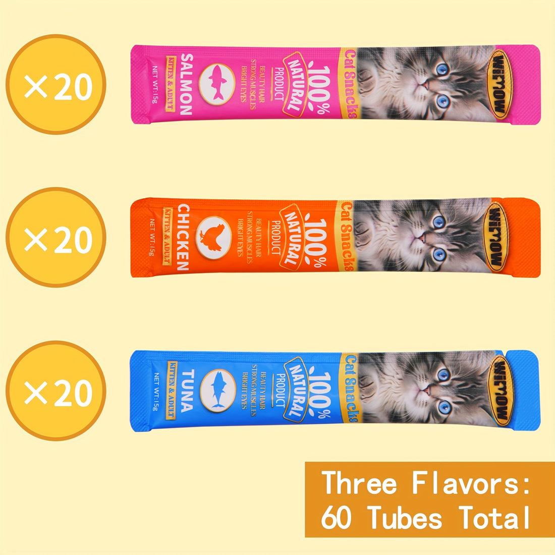 60 Tubes Cat Treats Cat Snacks, Grain-Free, Creamy Puree with Chicken, Salmon, and Tuna Variety Pack